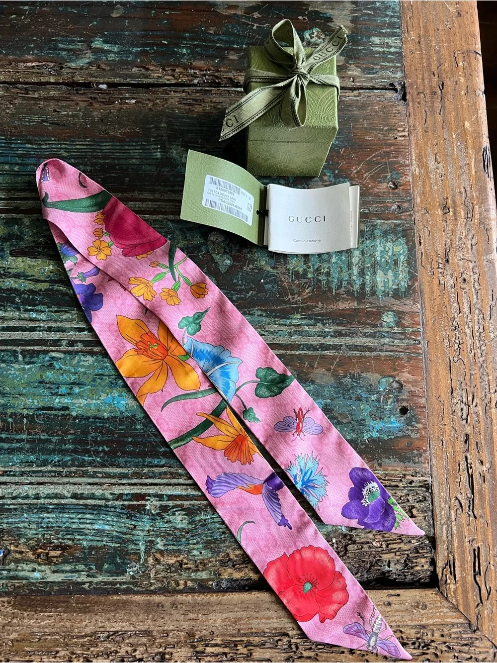 Gucci Pink Floral Silk Twilly Ribbon Scarf